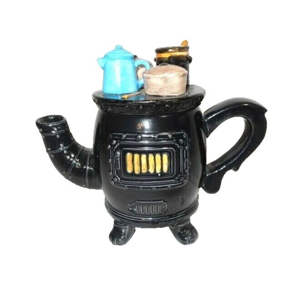 Cardinal Teapot Pot Belly Stove Cooking Pots Coffee Pot Lid Black Ceramic VTG